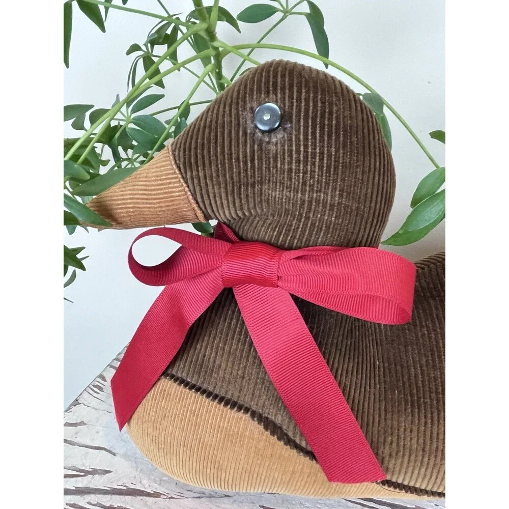 Vintage Mallard Duck Door Stop Corduroy Fabric Whimsy 18” Stuffed Grannycore